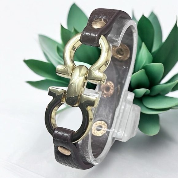 Gold and Dark Brown Leather Bracelet - Picture 3 of 5